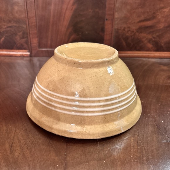 Antique Yellow Ware Mixing Bowl 7 3/4" Stoneware 4 White Slip Bands Primitive - Picture 5 of 8